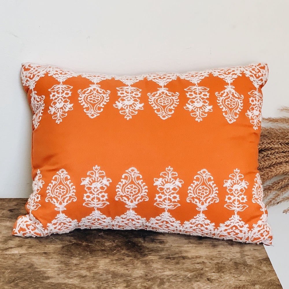 Orange Embroidered Boho Throw Pillow